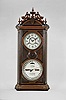 Ithaca Calendar Clock Co., Ithaca, NY, "No. 5 Emerald" shelf clock with a spring driven, 30 day timepiece movement (E. N. Welch) and a H. B. Horton patented perpetual calendar mechanism in a walnut case with burl accents.