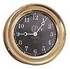 Chelsea Clock Co., Boston, Mass., deck clock, 8 day, time only, spring-driven jeweled balance wheel movement in a brass case with hinged bezel, 6 inch black dial with white Arabic numerals, subsidiary seconds, and Breguet style hands.