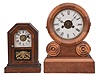 Clocks- 4 (Four): (1) Atkins Clock Co., octagon top cottage clock, 30 hour, time and alarm in a rosewood veneer case, c1875; (2) Connecticut, mantel clock, 8 day, time and strike in Mission style oak case, c1908;(3) E. Ingraham, "Grecian Mosaic", 30 hour, time and strike with alarm in a walnut and maple veneer case, c1873(4) E.N. Welch, "No. 9, Assortment B", 8 day, time and strike with alarm in a walnut case, c1900.