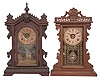 Clocks- 4 (Four): (1) E. Ingraham and Co. for Chas. F. Adams, "Liberty" mantel clock, 8 day, time and strike with alarm in a walnut case, c1890; (2) E.N. Welch, "Aida" mantel clock, 8 day, time and strike with alarm in a walnut case, c1884; (3) New Haven Clock Co., mantel clock, 8 day, time and strike with alarm in a walnut case, c1890. (4) Waterbury Clock Co., "Stanton" mantel clock, 8 day, time and strike in an oak case, c1906.