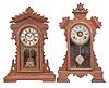 Clocks- 4 (Four): (1) E.N. Welch for Colby Wringer Co., "Colby" mantel clock, 8 day, time and strike in a walnut case, c1886;(2) E.N. Welch, "Hauk" mantel clock, 8 day, time and strike with alarm in a walnut case, c1885; (3) Waterbury Clock Co., "Paris" mantel clock, 8 day, time and strike with alarm in a walnut case, c1891; (4) Connecticut, mantel clock, 8 day, time and strike in a walnut case.