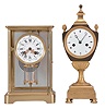 Clocks- 2 (Two) (1) French, Japy Freres, 8 day, time and strike spring brass movement crystal regulator mantel clock. c1900 (2) French, Unknown, 8 day, time and strike spring brass movement with silk thread suspension Urn form mantel clock. c1840
