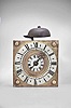 England, a small, 18th century 30 hour hanging alarm timepiece, square brass dial plate decorated with hemispheres at the corners, silvered roman numeral chapter ring and alarm disc, single blued steel hand, iron square posted movement with recoil escapement and seconds pendulum, the back with loop and spikes for hanging, and lead weights