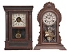 Clocks- 4 (Four): (1) Chauncey Jerome, miniature column and cornice clock, 30 hour, time and strike, spring driven movement in a grain painted wood case, c1850; (2) Waterbury Clock Co., "Hastings" mantel clock, 8 day, time and strike, spring driven movement in a walnut case, c1881; (3) Seth Thomas Clock Co., "Cottage" clock, 8 day, time and strike, spring driven movement in a rosewood veneer case, c1880; (4) E.N. Welch, "Peerless" clock, 8 day, time and strike, spring driven movement in a wood case, c1872.
