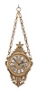 Clocks- 2 (Two) hanging, time and strike, spring driven balance wheel movements: (1) New Haven Clock Co., "Chatelaine", 15 day movement in brass case with cast ornaments, c1889. (2) New Haven Clock Co. "thistle" 8 day with decorated porcelain case and applied cast ornaments, c1900.