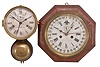 Clocks- 2 (Two): (1) Seth Thomas Clock Co., "Ship's Bell" marine clock, 30 hour, time and strike, spring driven balance wheel movement in a brass case with external bell, c1884; (2) E.N. Welch, "Calendar Lever" timepiece, 8 day, time and simple calendar, double-spring driven movement with lever escapement in an octagonal mahogany veneer case with painted metal dial, c1872.