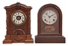 Clocks- 7 (Seven): (1) E.N. Welch, arch-top mantel clock similar to the Kroeber & Gilbert "Arch Top" models, 8 day, time and strike with alarm in a walnut case, c1875; (2) Jerome & Co., New Haven, Conn., round-top mantel clock, 8 day, time and strike in a walnut case with painted metal dial and gutta percha mask, c.1870 Clocks (3) through (7) are 30 hour cottage clocks by Welch, Seth Thomas, Atkins, and others.