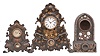 Clocks- 3 (Three) Iron front: (1) Unknown, possibly American Clock., New York, shelf clock, 8 day, time and strike, spring driven movement in an iron front case with mother of pearl inlay, c1850; (2) American Clock Co.., New York, shelf clock, 30 day, time only, spring driven movement in a painted iron front case, c1850; (3) Ansonia Clock Co., New York, iron front shelf clock case with mother of pearl inlay, c1850.