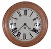 B.M. and C., France, gallery clock, 8 day, time only, spring driven movement with Brocot deadbeat escapement in a wood case with oak bezel, convex glass, back-painted glass dial with Roman numerals, and blued steel Breguet hands.