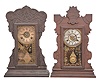 Clocks- 4 (Four): (1) Wm. L. Gilbert, Winsted, Conn., "Capitol No. 44" mantel clock, 8 day, time and strike with alarm in an oak case, c1904; (2) New Haven Clock Co., "Nancy" mantel clock, 8 day, time and strike with alarm in a walnut case, c1895; (3) Wm. L. Gilbert, Winsted, Conn., "The Joyce" mantel clock, 8 day, time and strike with alarm in an oak case, c1900; (4) New Haven Clock Co., "No. 508" mantel clock, 8 day, time and strike in a walnut case, c1890;