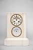 A. Brocot and Delettrez, Paris, France, for Tiffany, Young & Ellis, New York, double dial calendar clock, 8 day, time and strike with rolling moon and calendar indicating day, date, and month perpetually, spring driven movement with visible Brocot escapement in a molded white marble case with white enamel dials, beveled glasses, and blued steel hands.