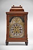 Austria, bracket clock, 30 hour, time and Viennese grand sonnerie strike, three train spring driven movement with verge escapement in hardwood case on ebonized turned feet, molded base and cornice, stop-chamfered front corners, glazed sizes, and stepped top with carrying handle, partially silvered brass dial surround with applied arcaded silvered chapter ring showing Roman numerals, aperture with faux pendulum, and pierced gilt hands.