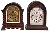 Clocks- 2 (Two) Chiming Mantel: (1) Ansonia Clock Co., New York, "Sonia No. 4" chiming mantel clock, 8 day, time and strike with Westminster chime in a lancet walnut case with silvered dial, c1925; (2) Gustav Becker, Germany, chiming mantel clock, 8 day, time and strike with Westminster chime, spring driven movement in an arch top oak case with barley twist columns, c1900.
