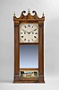 Merriman, Birge & Co., Bristol, Conn., 30 hour, weight wood movement with roller pinions reeded pilaster & scroll top shelf clock.