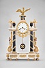 Dupas, a Paris, a late 18th century marble and gilt bronze mantel clock, the base on eight decorated feet, and with inset, scrolling foliate mounts, columns and pilasters supporting a stepped entablature with gilt bead molding, the columns in black marble with gilt capitals and bases, encircled with a spiral, leafy vine, the white pilasters with flanking, scroll buttress bases, mounted with a hanging garland, scrolling at the bottom, and terminating in a floral roundel, the clock case with scrolling foliate pendant, flanked by four urns with gilt flowers, and surmounted by an eagle with outstretched wings, and resting on a black pedestal with gilt festoon, roman numeral white enamel dial signed "Dupas a Paris", fancy gilt hands, 8- 15 day pendule de Paris movement with recoil escapement, silk thread suspension, and count wheel striking
