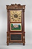 Birge, Mallory & Co., Bristol, Conn., 8 day, time and strike weight brass movement double decker shelf clock with carved splat.
