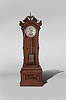 E. Howard & Co., Boston, "No. 61" astronomical regulator, the renaissance revival style case with molded stepped base and burl veneered panels to the front and sides, and with cyma and cavetto molded top, supporting the upper case with glazed door and sides, the door with applied, stylized Grecian foliate carvings, and simple eight lobe roundels, arched cornice molding surmounted by a broken pitched pediment with central urn and laurel festoon, and the corners with stylized palmette form acroterion angularium above stylized, flattened volutes, door glass with reverse painted and gilded "W. A. Robertson Standard Time", silvered astrnomical dial signed "E. Howard & Co. Boston, Mass.", blued steel hands, damascened brass week going movement with jewelled pallets, mercury pendulum with four nickel plated steel jars, brass frame, and nickel plated rod, silvered beat scale, brass clad weight, and heavy cast iron bracket attached to the case back, supporting both the pendulum and the movement