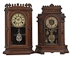 Clocks- 2 (Two): (1) Waterbury Clock Co., Waterbury, Conn., "Granville" mantel clock, 8 day, time and strike, spring driven movement in a walnut case, c1886; (2) Wm. L. Gilbert, Winsted, Conn., "Altai" mantel clock, 8 day, time and strike with alarm, spring driven movement in a walnut case, c1885;