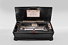 B.A. Bremond, Geneva, Switzerland, 5 tunes with a 17 inch cylinder playing on a three-piece comb using two mainsprings in a dark hardwood case with paper tune card under the lid and engraved tune card within the box, paper label with operating instructions in French, and a handwritten bill for the sale or upgrade of the machine signed by B.A. Bremond, serial number 18216