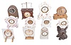 Clocks- 23 (Twenty-three): desk, novelty, and travel clocks including two double-sided and a weather station. Makers include Smiths, Ansonia, Elgin, Salem, New Haven, Charles Hour, Waltham, Imhof, Semca, Charles Mayer Co., Oswald, Horolover, and others