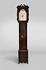 Riley Whiting, Winchester, Conn., tall clock, 30 hour, time, strike and calendar, weight driven wooden works movement in a soft wood case with flame mahogany faux finish and painted wooden dial