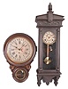 Clocks- 2 (Two) Wall: (1) E. Ingraham Clock Co., Bristol, Conn., "Meridian" hanging clock, 8 day, time and simple calendar, spring driven movement in a wood case with paper dial, c1900; (2) Japan, copy of Waterbury "Halifax" wall clock, 8 day, time and strike, spring driven movement in a stained hardwood case, c1900. .