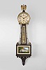 Chelsea Clock Co., Boston, Mass., "3/4 Willard Banjo" timepiece, 8 day, time only, spring driven balance wheel movement with lever escapement in a mahogany case with back-painted glasses featuring Mt. Vernon, painted metal dial, and blued steel hands.