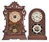 Clocks- 2 (Two): (1) Seth Thomas Clock Co., Thomaston, Conn., "Newark" City Series shelf clock with a spring driven 8 day time with Winward's (British) patent alarm in a walnut case; c1896. (2) Seth Thomas Clock Co., Thomaston, Conn., "Chicago" City Series shelf clock with a spring driven 8 day time and strike movement in a rosewood veneered case. c1890.