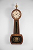 Massachusetts banjo wall clock, 8 day, time only, weight driven movement with T-bridge suspension in a mahogany and rosewood veneer case with hinged reverse painted throat and lower tablets and painted metal dial