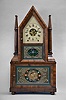 Birge & Fuller, Bristol, Conn., 8 day, time and strike wagon spring brass movement steeple on frame with candle finials shelf clock.