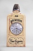 Wm. L. Gilbert Clock Co., Winsted, Conn., "Old Mr. Boston" novelty advertising clock, 8 day, time only, spring driven balance wheel movement in a solid wood case shaped and painted to look like a bottle of whisky, silvered dial and steel hands.