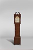 Silas Hoadley, Plymouth, Conn., tall clock, 8 day, time and strike, pull wind weight driven wooden works movement in a grain painted pine case with broken arch top, turned full columns flanking hood and trunk door resting on small turned feet. The painted wooden dial has a painted scene in the arch.