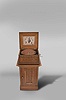 Regina Musical Box Co., Rahway, N.J., "Style 11A" 15.5 inch double comb music box with 10 discs, oak case with stepped ogee base and locking drawer, rope molding, stepped, molded lid, the inside with music-themed Regina lithograph including a custom made oak cabinet to support box and store discs (45 included)