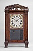 (Attributed to) Sylvester Clarke, Salem Bridge, Conn., 8 day, time and strike weight brass movement flat column with carved crest and feet shelf clock.