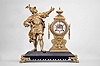 Ansonia Clock Co., New York, "Insult" figural mantel clock, 8 day, time and strike, spring driven movement with visible escapement, iron base on cast feet supporting the clock with white enamel dial and Louis XV style hands and a soldier figure with outstretched arm.
