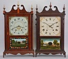Clocks- 2 (Two): (1) Wadworths & Turners, LItchfield, Conn., 30 hour, time and strike weight wood movement pillar & scroll shelf clock. c1830 (2) Bunnell & Scoville, Owego, Tioga County, New York, 30 hour, time and strike weight wood movement pillar & scroll shelf.