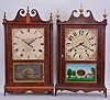 Clocks- 2 (Two): (1) Eli Terry, Plymouth, Conn., 30 hour, time and strike weight wood movement pillar & scroll shelf clock. c1820 (2) (Possibly) Ephraim Downs, Bristol, 30 hour, time and strike weight wood movement pillar & scroll shelf clock. c1830.