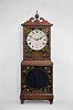 Aaron Willard, Boston, Massachusetts shelf clock, 8 day, time only, weight driven movement in a mahogany case with painted metal dish dial with reverse painted upper and lower tablets surmounted by brass finial