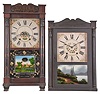 Clocks- 2 (Two): (1) E. Terry & Son, Plymouth, Conn., 30 hour, time and strike weight wood movement half column & splat shelf clock. c1830 (2) Olcott Cheney, Berlin, Conn., 30 hour, time and strike weight wood movement half column & splat shelf clock. c1831