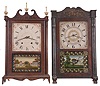 Clocks- 2 (Two): (1) Charles Kirke, Bristol, Conn., 30 hour, time and strike weight wood movement pillar & scroll shelf clock. c1830. (2) M. & E. Blakesley, Plymouth, Conn., 30 hour, time and strike weight wood movement half column & splat shelf clock with carved paw feet. c1830