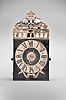 Blondeau, Chitelblanc, France, Comtoise clock, 8 day, time and strike, weight driven movement with Chevalier de Bethune escapement variant, thread suspension with rear-hanging pendulum in a iron post and plate frame, brass chapter ring with engraved Roman numerals, brass alarm ring with Arabic numerals, pivoted winding arbor shutters engraved with "Blondeau / 1734 / Chatel Blanc", single pierced brass hand, the top sides and front with one piece arcaded gallery with integrated pierced and engraved brass fronton.