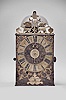 J. Mayet, Morbier, France, Comtoise clock, 8 day, time and alarm, weight driven movement with verge escapement, thread suspension with rear-hanging pendulum in a iron post and plate frame, brass chapter ring with engraved Roman numerals, brass alarm ring with engraved Arabic numerals, pierced brass spandrels and engraved plaque below the dial reading "J. Mayet a Morbier", single brass hand, all topped with a pierced brass fronton.