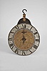 Telleruhr, roman numeral pewter dial with engraved brass center, mounted to a sheet iron backplate, with brass and iron hanger, the movement contained in a cylindrical, footed case, fastened by screws to the dial, the bottom hinged and with pivoted catch, and containing a thirty hour, verge fusee movement signed "Johannes Buschman Junger Augspurg", asymmetrical pierced and engraved balance cock, steel balance with hog bristle regulation, pierced and engraved fusee set up click with decorative blued steel spring