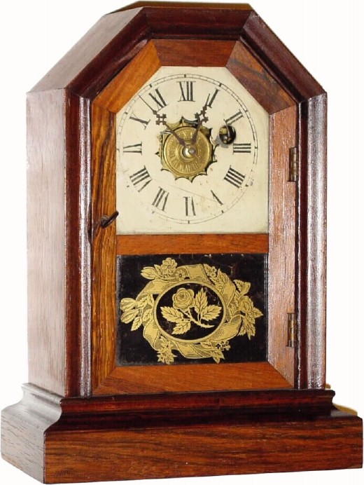 C.1865, Atkins Clock Co., Bristol, Conn, 30-hour rosewood time/alarm cottage, — Antique Clocks Price Guide