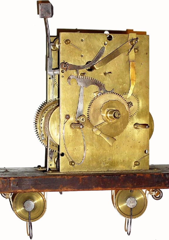 C.1810, American tall clock movement, seatboard and pulleys, needing some work. — Antique Clocks Price Guide