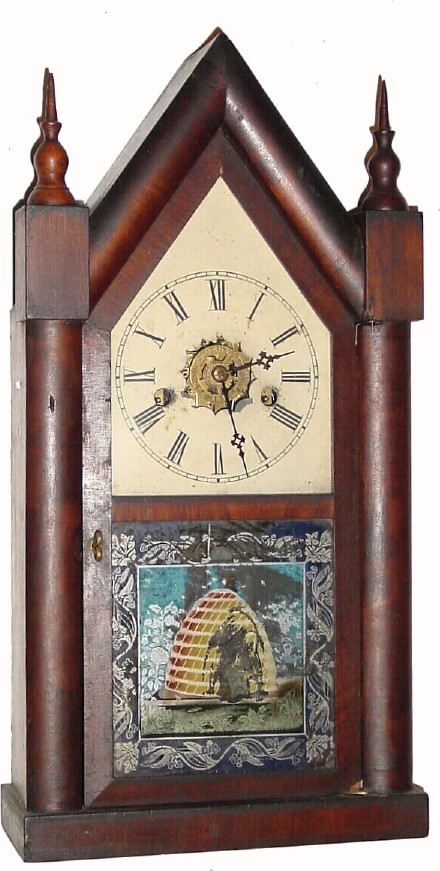 C.1865, E. N. Welch Mfg. Co., Forestville, Conn, 30-hour time/strike/alarm mahogany steeple clock — Antique Clocks Price Guide