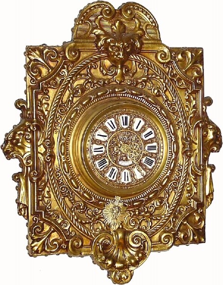 C.1900, French for Roehm and Wright, Detroit, MI, 8-day hanging pressed brass wall timepiece. — Antique Clocks Price Guide