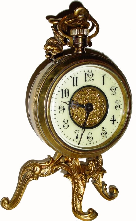 C.1905, French, 8-day brass case "huge" watch with brass Rococo stand, in good original condition. — Antique Clocks Price Guide