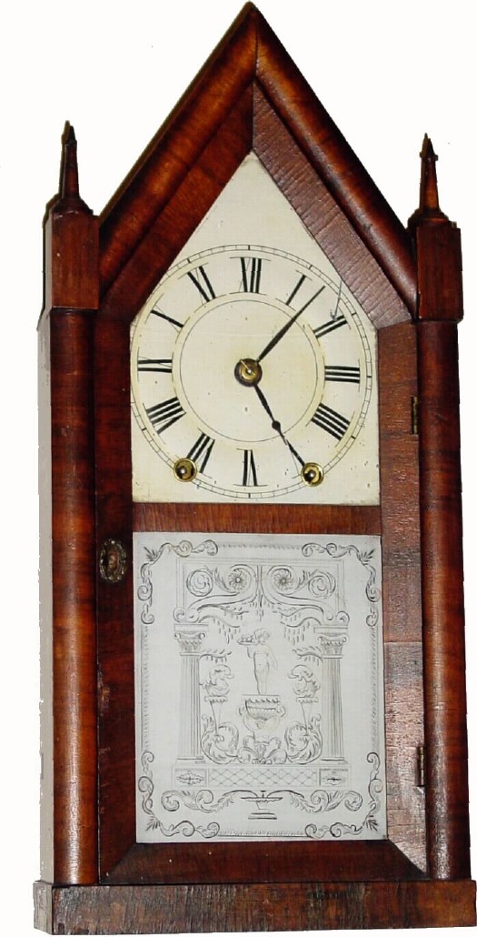 C.1848, Brewster and Ingraham, Bristol, Conn., 30-hour time/strike rosewood veneer steeple clock. — Antique Clocks Price Guide