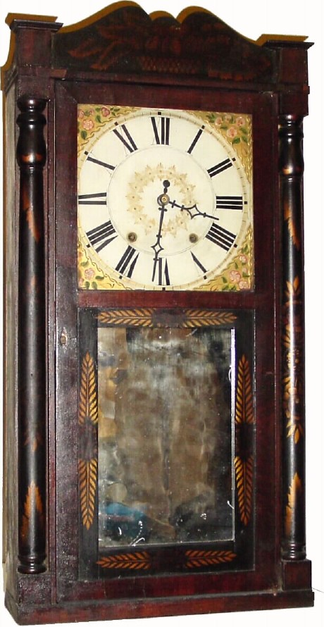 C.1830, Jerome and Darrow, Bristol, Conn., 30-hour wood movement half-column and splat shelf clock, in generally good original un-restored condition. — Antique Clocks Price Guide